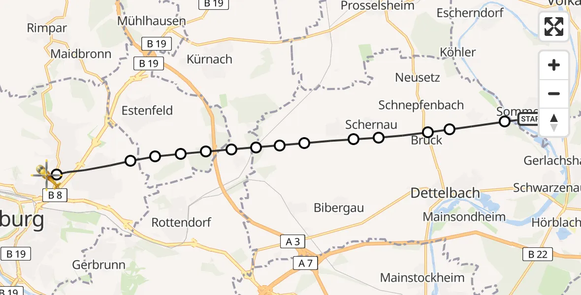 Routekaart van de vlucht: Rettungshubschrauber nach Würzburg University Hospital Rooftop Heliport
