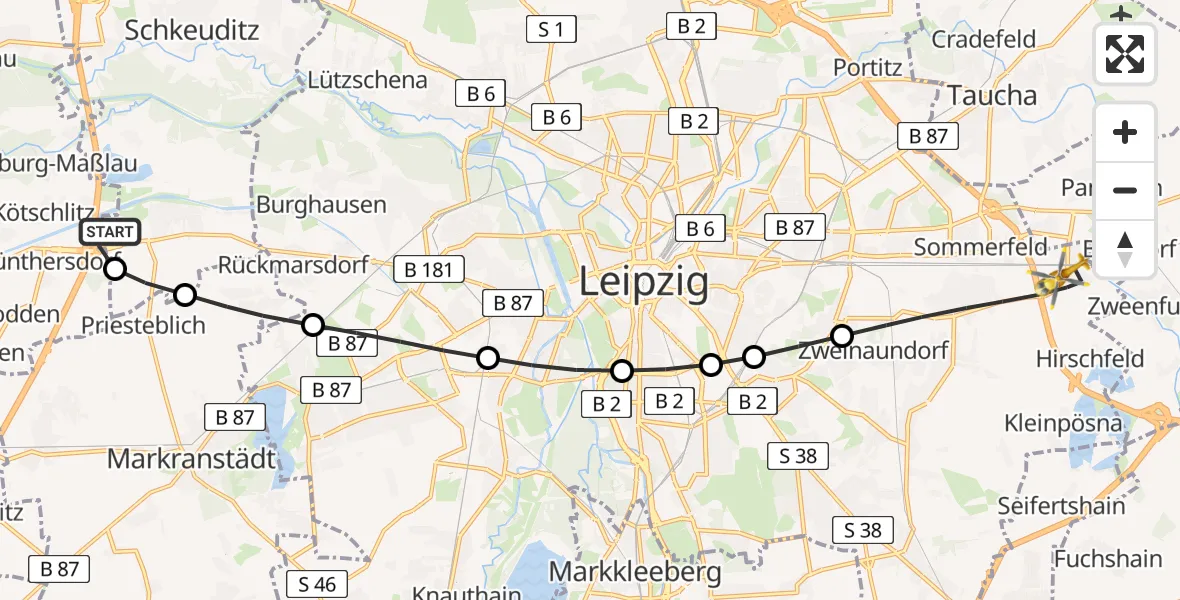 Flugroute Rettungshubschrauber ADAC Air Rescue Station Leipzig/Schkeuditz-Dölzig Heliport (Christoph 61) - Ost, 01 März 2026, 11:54