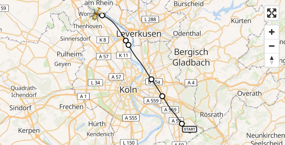 Flugroute Rettungshubschrauber Cologne Bonn Airport - Worringen, 01 März 2026, 12:00
