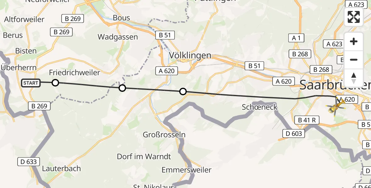 Flugroute Rettungshubschrauber Überherrn - Saarbrücken, 01 März 2026, 12:02