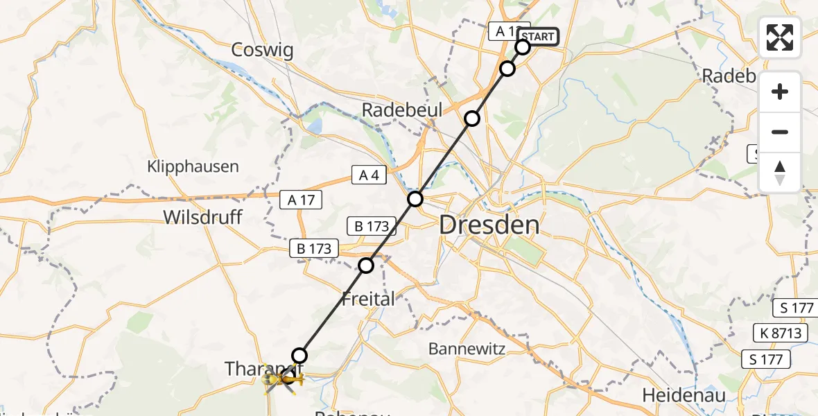 Flugroute Rettungshubschrauber Dresden Federal Police Heliport - Freital, 01 März 2026, 12:34