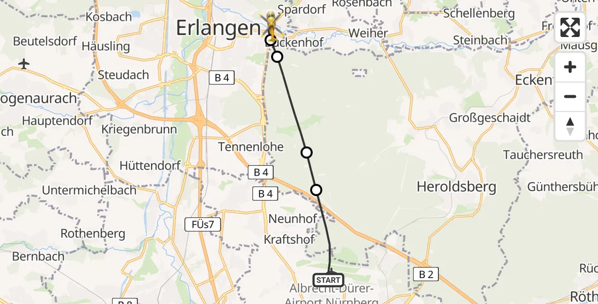 Flugroute Rettungshubschrauber Nuremberg Airport - Erlangen, 01 März 2026, 12:36