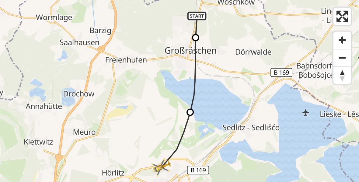 Flugroute Ambulanzhubschrauber Großräschen - ADAC Air Rescue Station Senftenberg Heliport, 01 März 2026, 12:53
