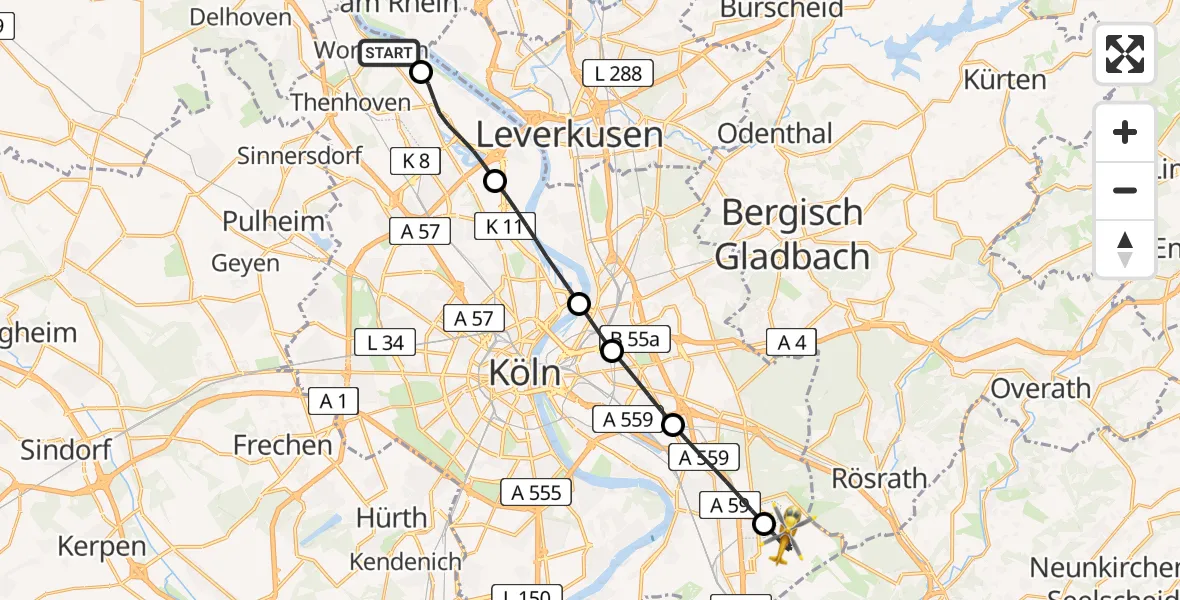 Flugroute Rettungshubschrauber Worringen - Cologne Bonn Airport, 01 März 2026, 12:57