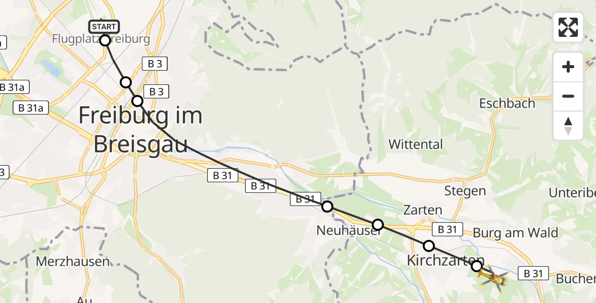 Flugroute Rettungshubschrauber Freiburg im Breisgau Airfield - Burg, 01 März 2026, 13:00