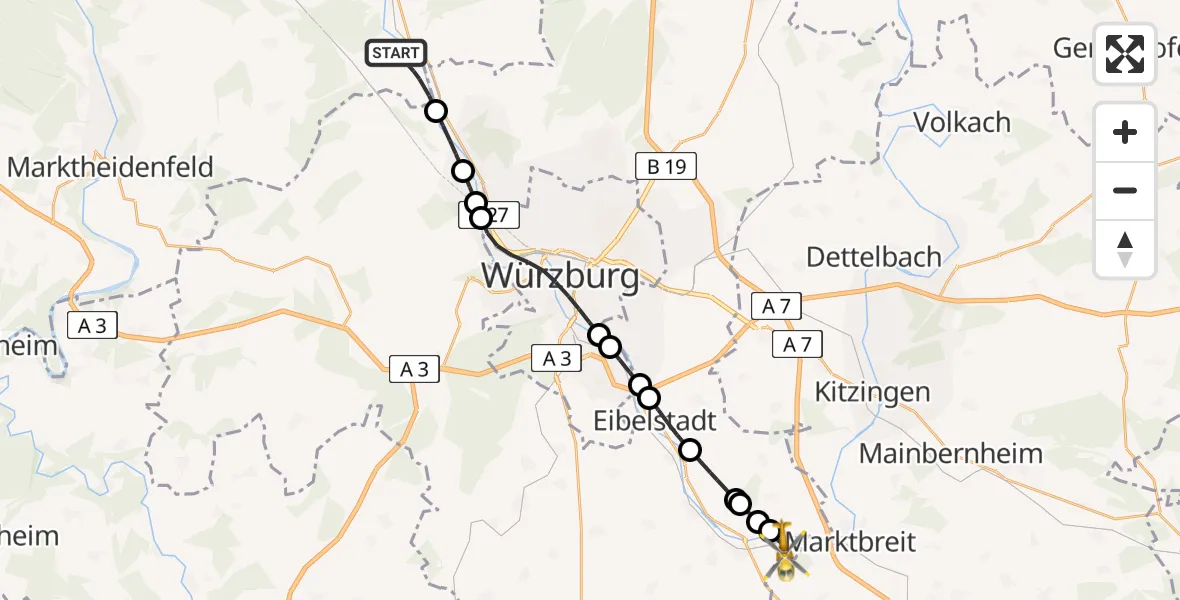 Flugroute Rettungshubschrauber Zellingen - Ochsenfurt, 01 März 2026, 13:00
