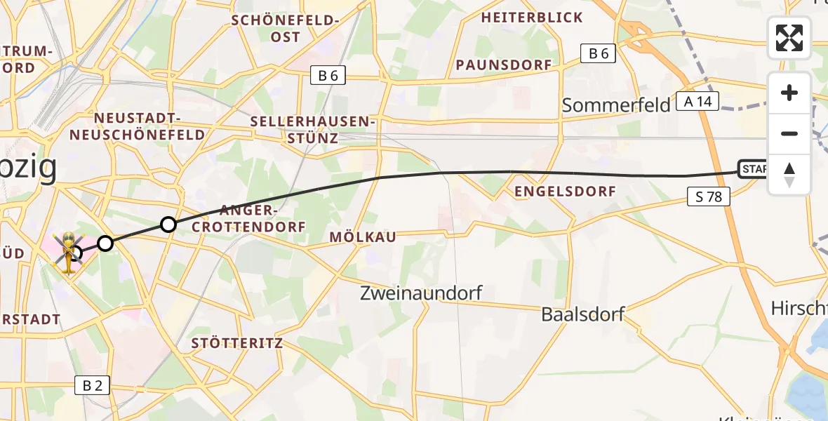 Flugroute Rettungshubschrauber Ost - Leipzig University Hospital Heliport 1, 01 März 2026, 13:00