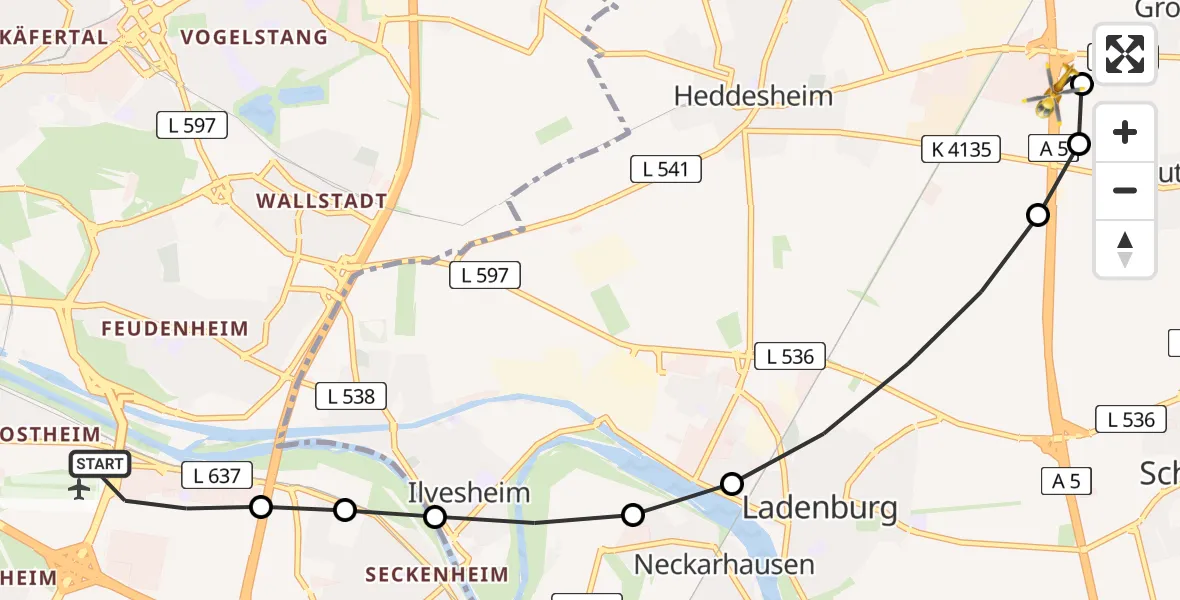 Flugroute Rettungshubschrauber Mannheim-City Airport - Hirschberg an der Bergstraße, 01 März 2026, 13:11