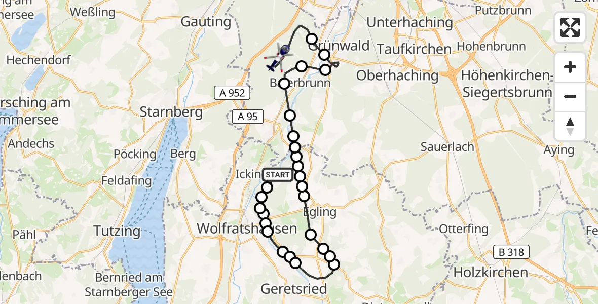 Routekaart van de vlucht: Polizeihubschrauber nach Forstenrieder Park, Carolinen Geräumt