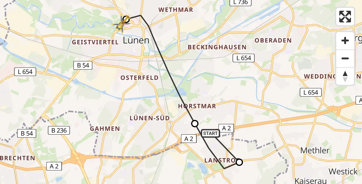 Flugroute Rettungshubschrauber Lünen - Sankt Marien Hospital Heliport, 01 März 2026, 13:35