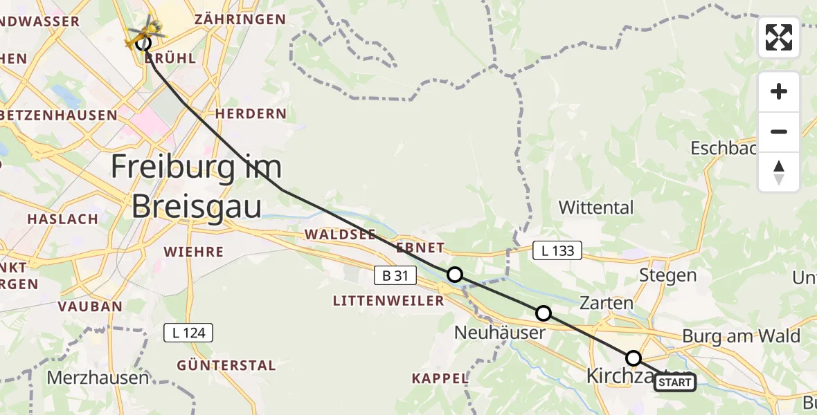 Flugroute Rettungshubschrauber Burg - Freiburg im Breisgau Airfield, 01 März 2026, 13:45