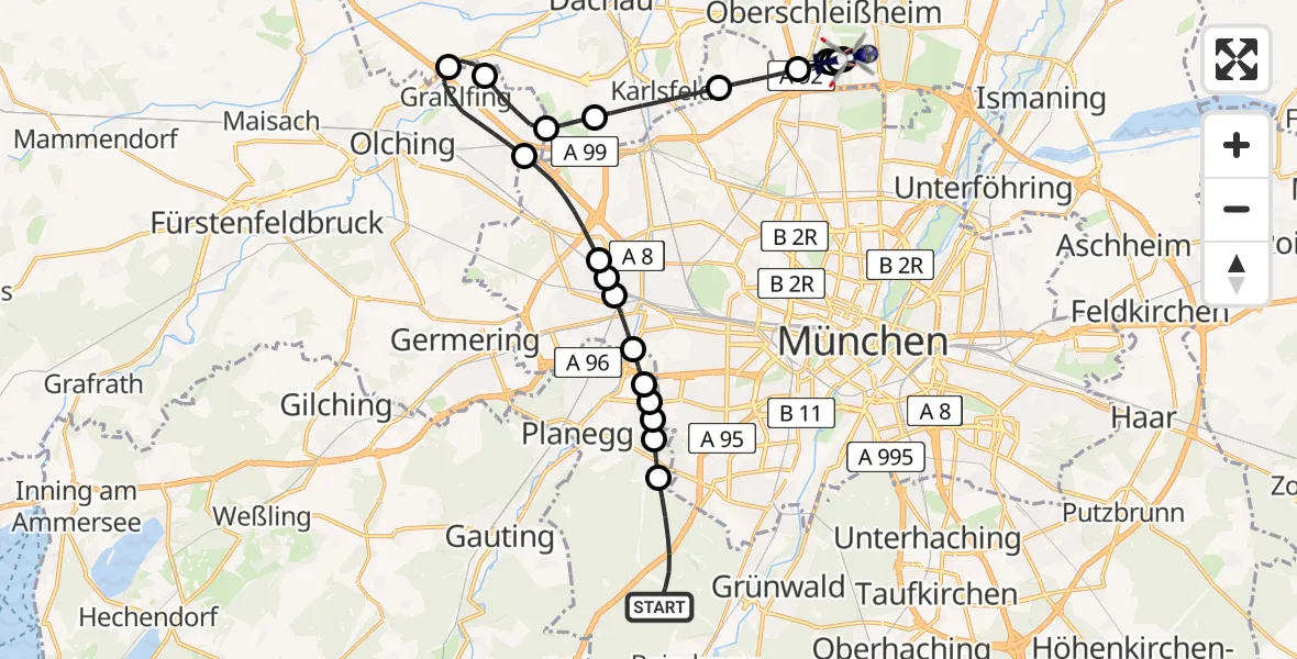 Routekaart van de vlucht: Polizeihubschrauber nach Oberschleissheim Heliport