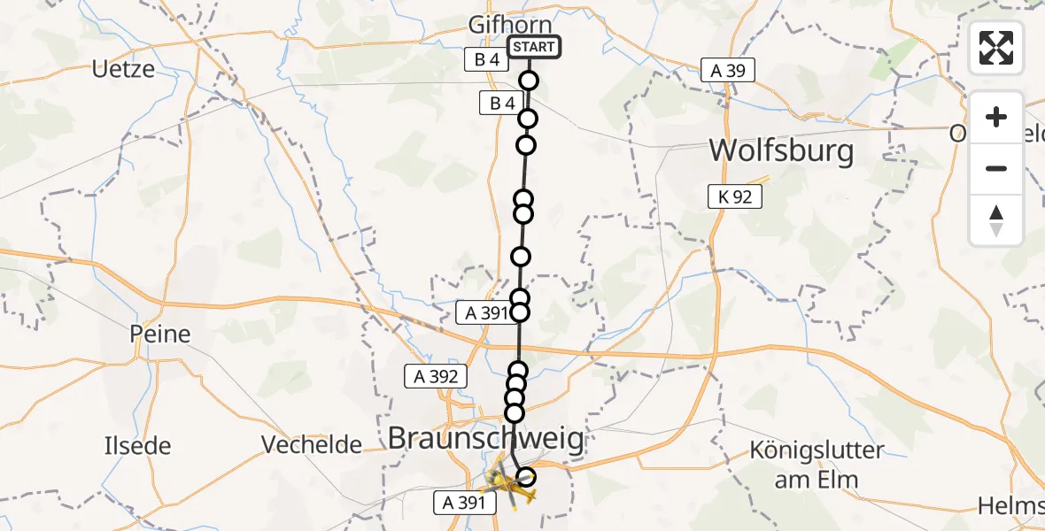 Routekaart van de vlucht: Rettungshubschrauber nach Südstadt-Rautheim-Mascherode, Schwartzkopffstraße
