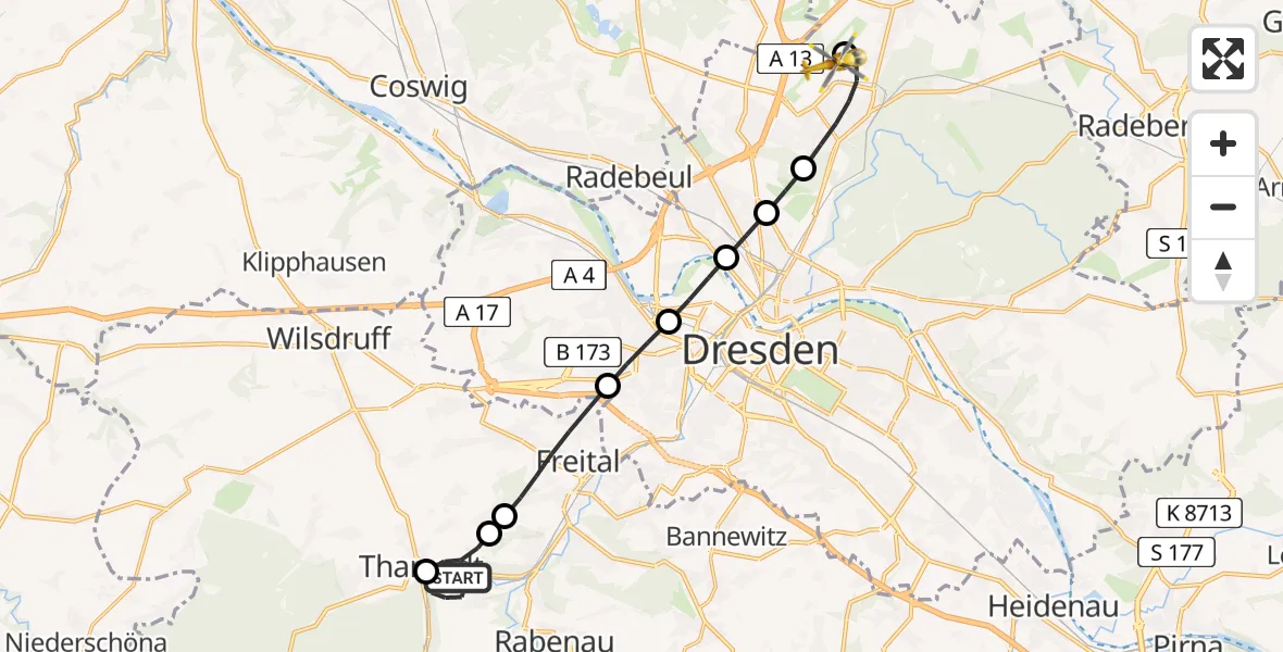 Flugroute Rettungshubschrauber Freital - Dresden Federal Police Heliport, 01 März 2026, 14:02