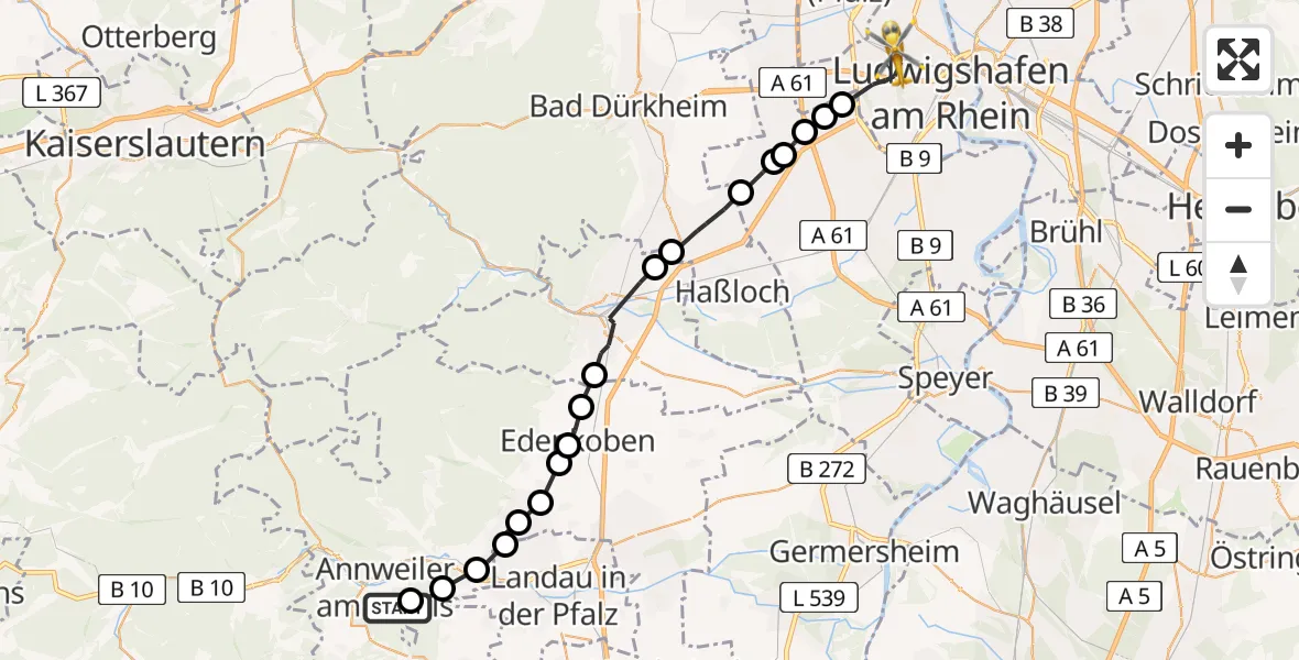 Flugroute Rettungshubschrauber Bindersbach - Ludwigshafen am Rhein, 01 März 2026, 14:02