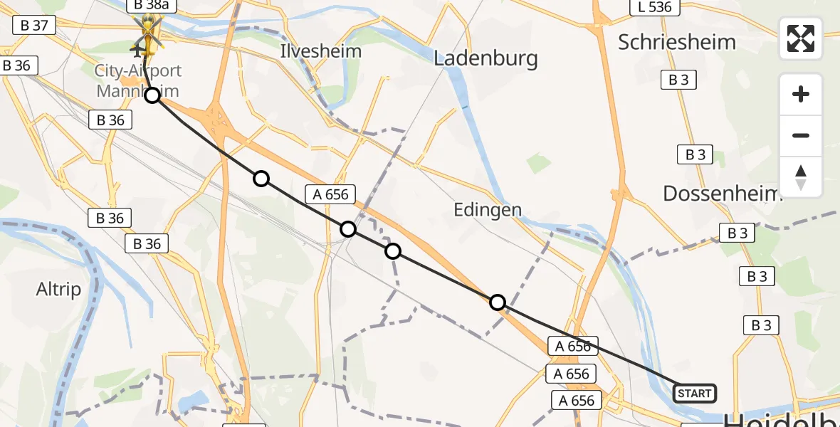 Routekaart van de vlucht: Rettungshubschrauber nach Mannheim-City Airport