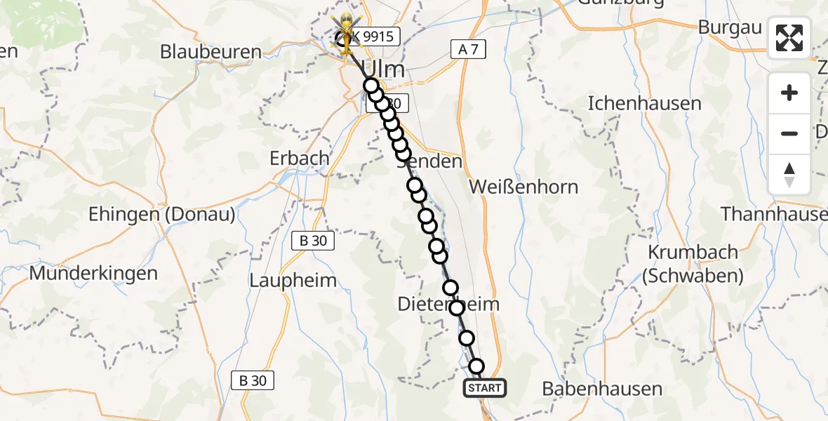 Flugroute Rettungshubschrauber Filzingen - Ulm Military Hospital Emergency Heliport, 01 März 2026, 14:12
