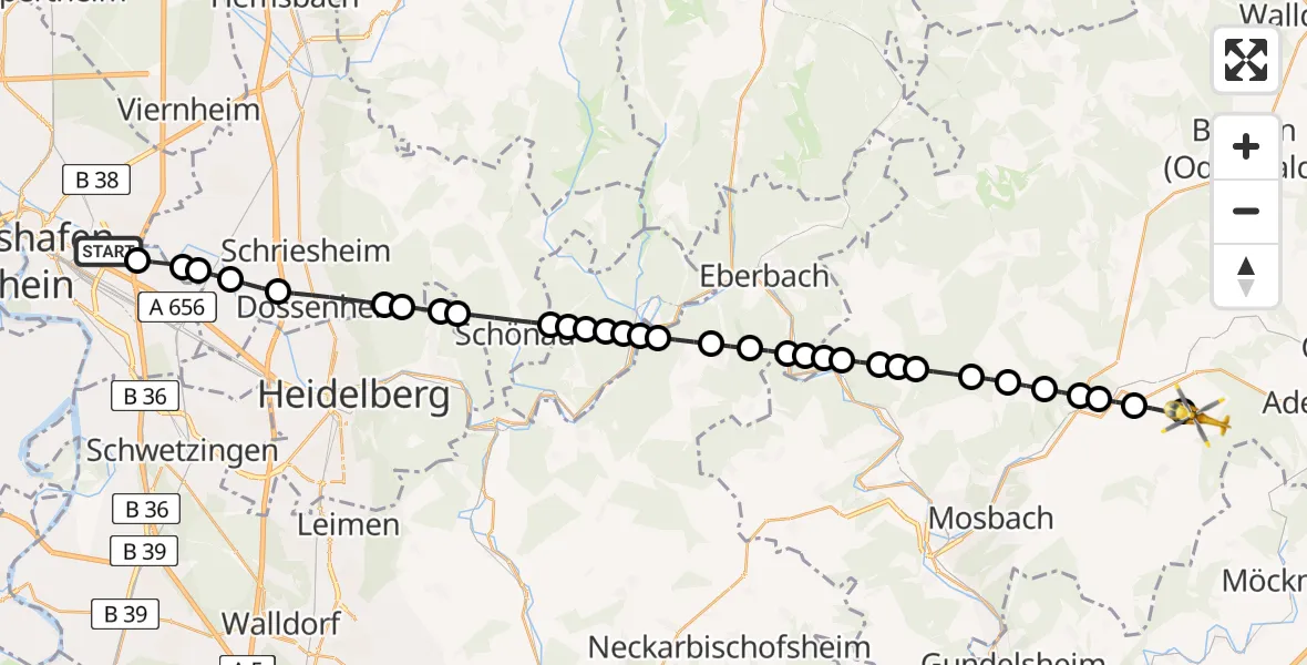 Flugroute Rettungshubschrauber Mannheim-City Airport - Mittelschefflenz, 01 März 2026, 14:21