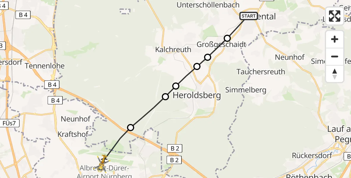 Flugroute Rettungshubschrauber Eschenau - Nuremberg Airport, 01 März 2026, 14:23