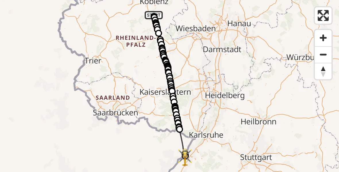 Flugroute Ambulanzhubschrauber Boppard - Karlsruhe Baden-Baden Airport, 01 März 2026, 14:25