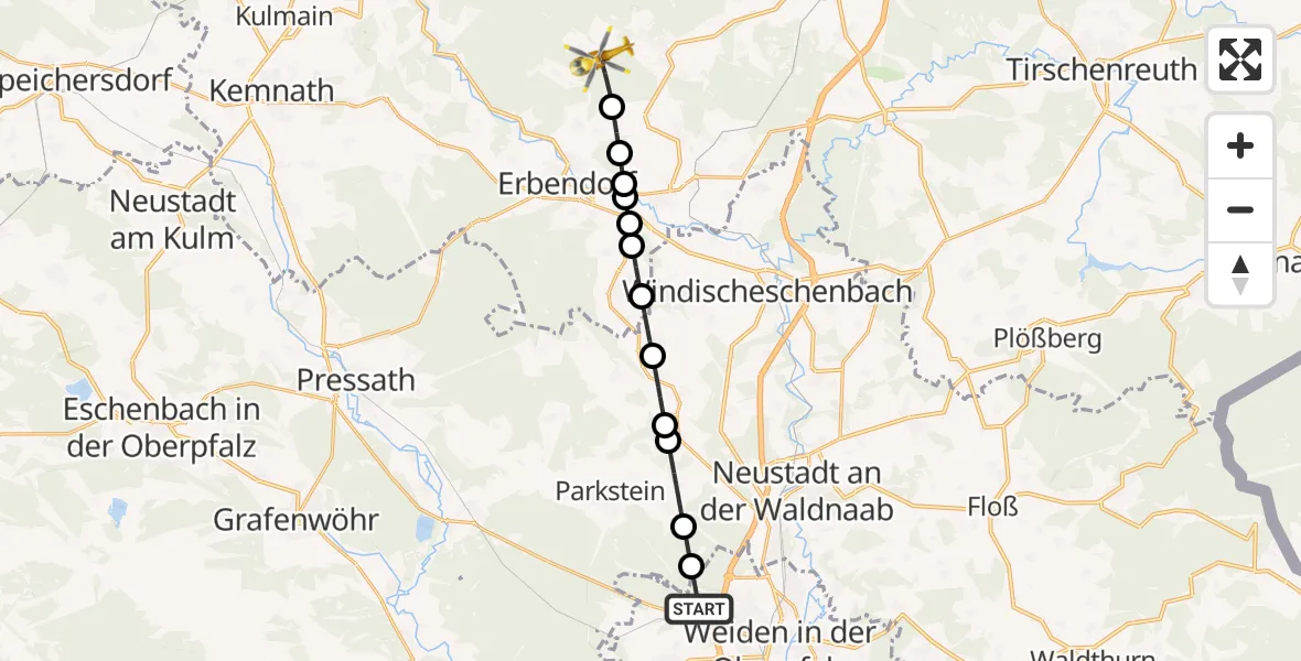 Flugroute Rettungshubschrauber Weiden in der Oberpfalz - Erbendorf, 01 März 2026, 14:38