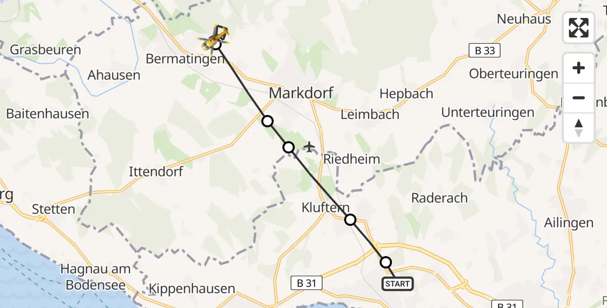 Flugroute Rettungshubschrauber Friedrichshafen Hospital Heliport - Bermatingen, 01 März 2026, 14:42