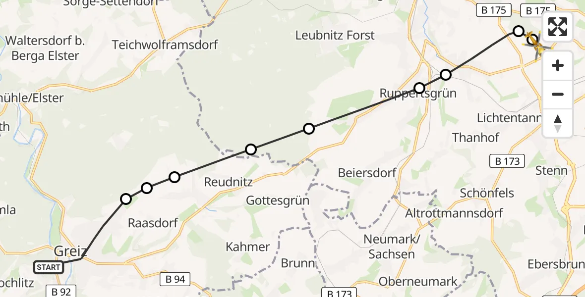 Flugroute Rettungshubschrauber Greiz - ADAC Air Rescue Station Zwickau Heliport, 01 März 2026, 14:45