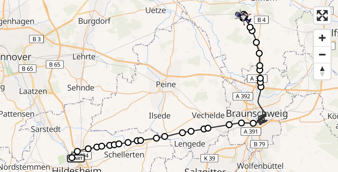 Flugroute Polizeihubschrauber Hildesheim Airfield - Ribbesbüttel, 01 März 2026, 14:50