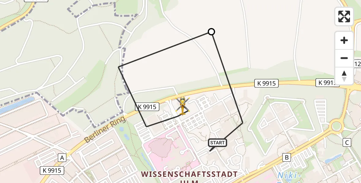 Flugroute Rettungshubschrauber Ulm Military Hospital Emergency Heliport - ADAC Air Rescue Station Ulm (Christoph 22), 01 März 2026, 14:53