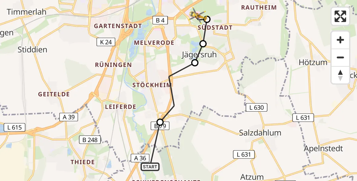 Flugroute Rettungshubschrauber Wolfenbüttel - Südstadt-Rautheim-Mascherode, 01 März 2026, 14:53
