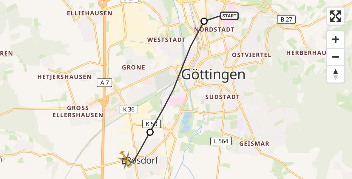 Flugroute Rettungshubschrauber Göttingen University Clinic Heliport - Rosdorf, 01 März 2026, 14:53