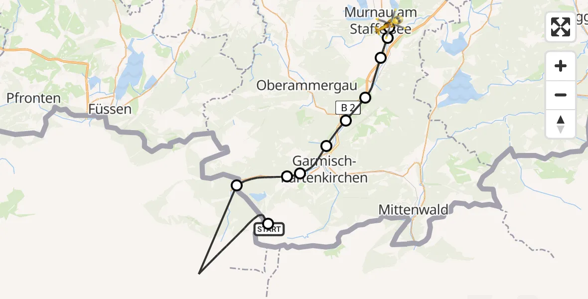 Flugroute Rettungshubschrauber Garmisch-Partenkirchen - Murnau Accident Hospital Heliport, 01 März 2026, 14:54