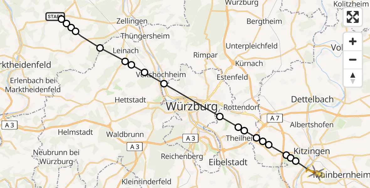 Flugroute Rettungshubschrauber Urspringen - Kitzingen, 01 März 2026, 14:56