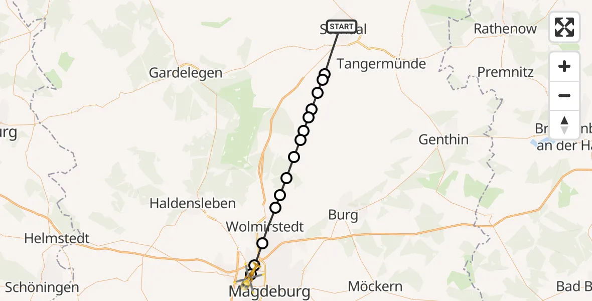 Flugroute Rettungshubschrauber Stendal - Magdeburg Hospital Heliport, 01 März 2026, 15:04