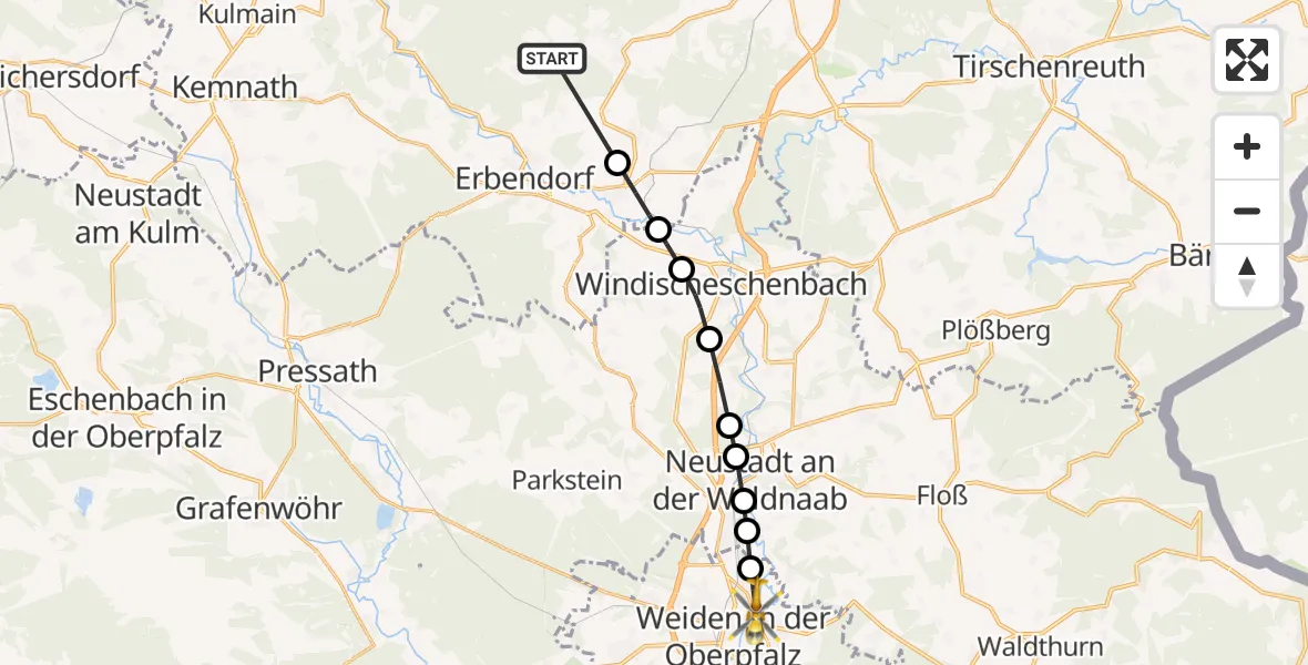 Flugroute Rettungshubschrauber Erbendorf - Weiden in der Oberpfalz, 01 März 2026, 15:17