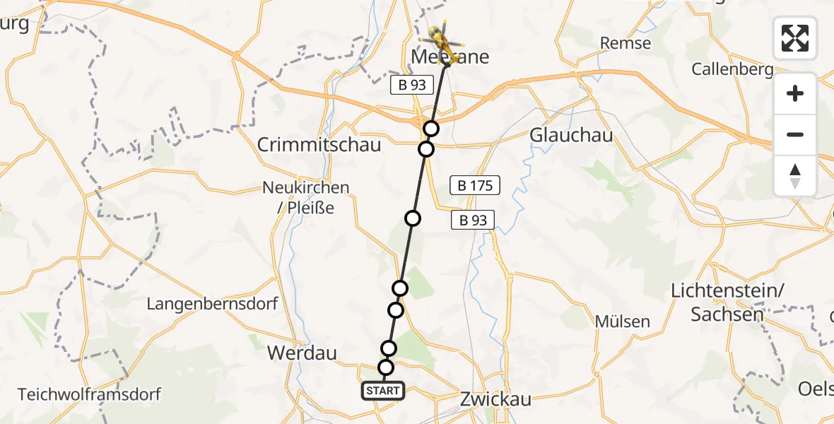 Flugroute Rettungshubschrauber ADAC Air Rescue Station Zwickau Heliport - Meerane, 01 März 2026, 15:33