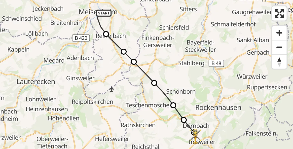 Flugroute Rettungshubschrauber Meisenheim - Imsweiler UL, 01 März 2026, 15:37
