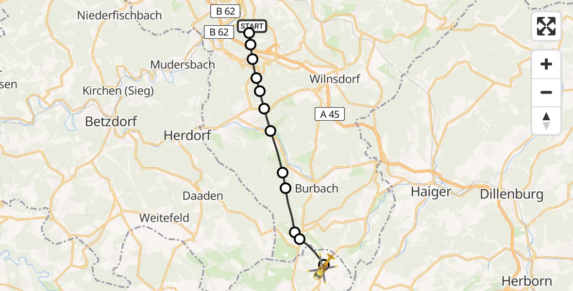 Flugroute Rettungshubschrauber Evangelisches Jung-Stilling Hospital Helipad - Weißenberg, 01 März 2026, 15:40