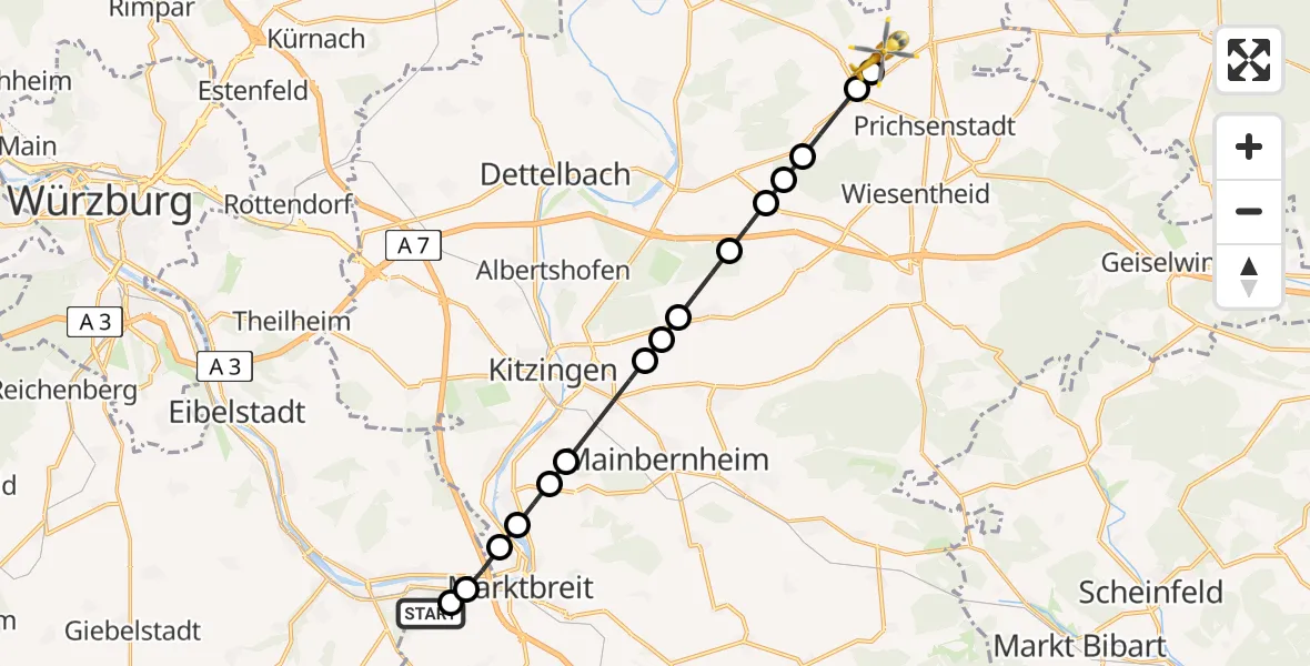 Flugroute Rettungshubschrauber Marktbreit - Stadelschwarzach, 01 März 2026, 15:51