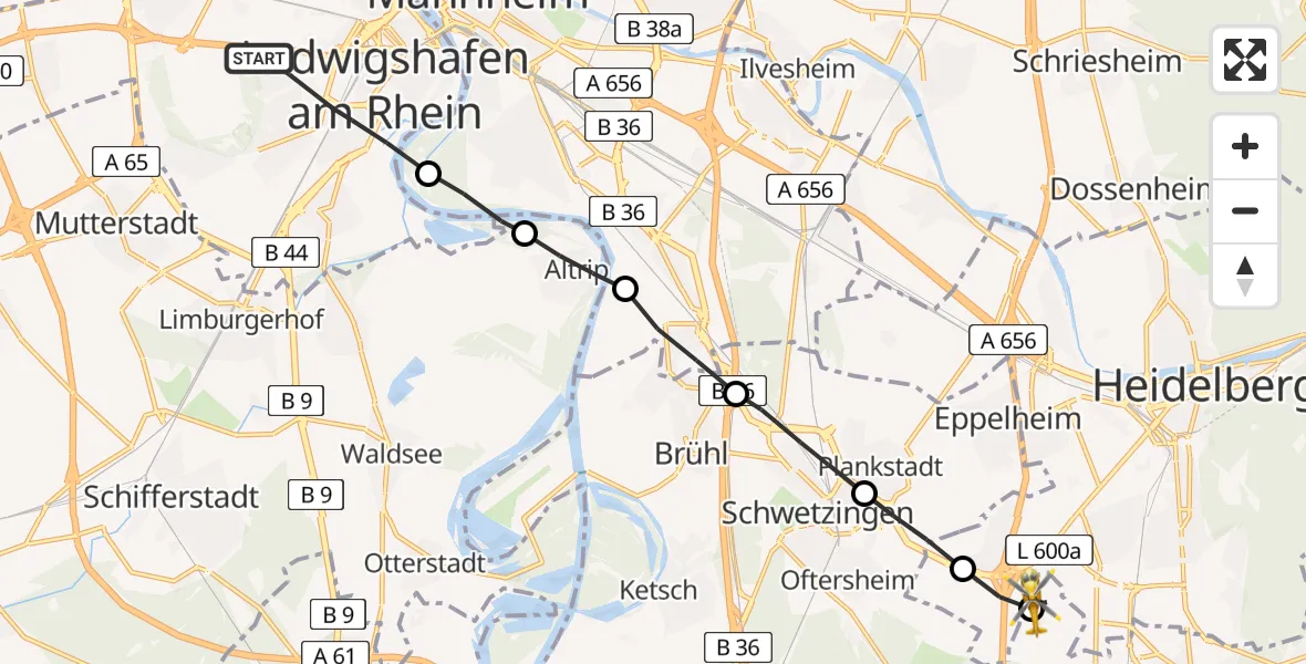 Flugroute Rettungshubschrauber Ludwigshafen am Rhein - Heidelberg, 01 März 2026, 16:02