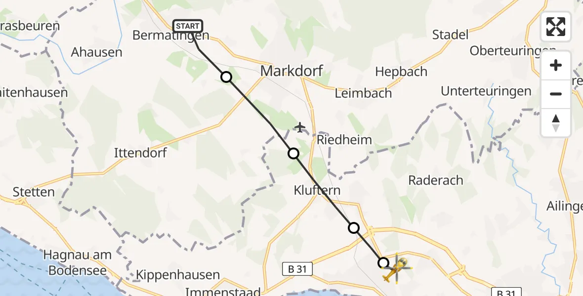 Flugroute Rettungshubschrauber Bermatingen - Friedrichshafen Hospital Heliport, 01 März 2026, 16:06