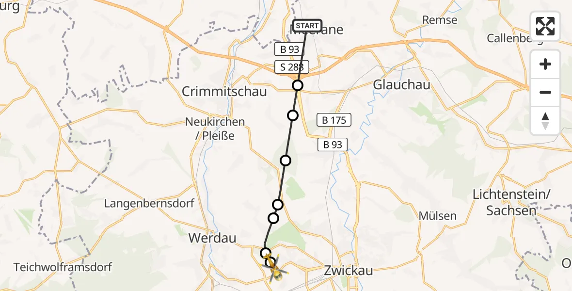 Flugroute Rettungshubschrauber Meerane - ADAC Air Rescue Station Zwickau Heliport, 01 März 2026, 16:10