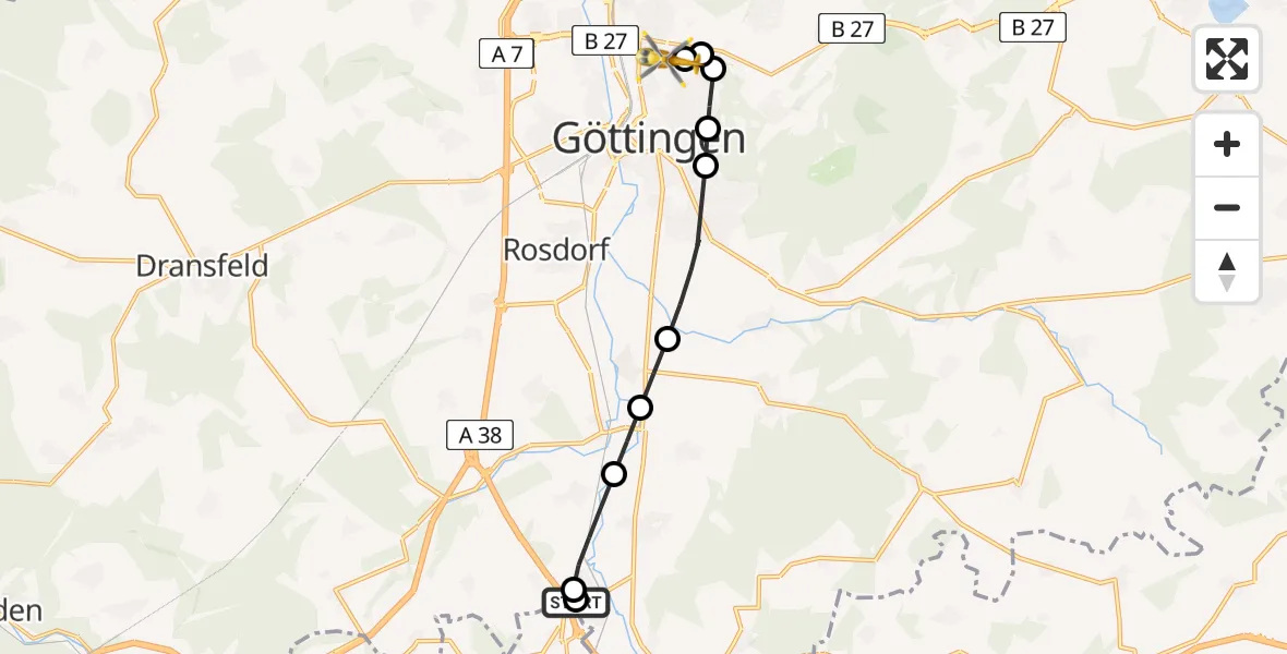 Flugroute Rettungshubschrauber Friedland - Göttingen University Clinic Heliport, 01 März 2026, 16:23