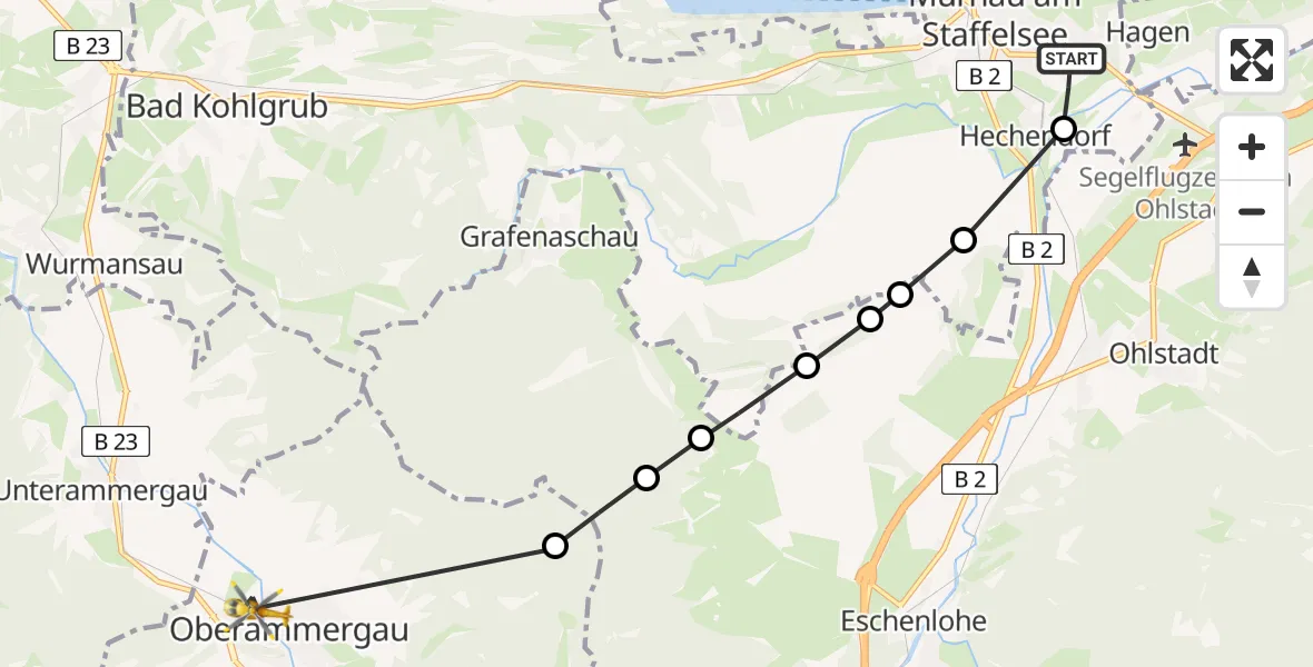 Flugroute Rettungshubschrauber Murnau Accident Hospital Heliport - Oberammergau, 01 März 2026, 16:25