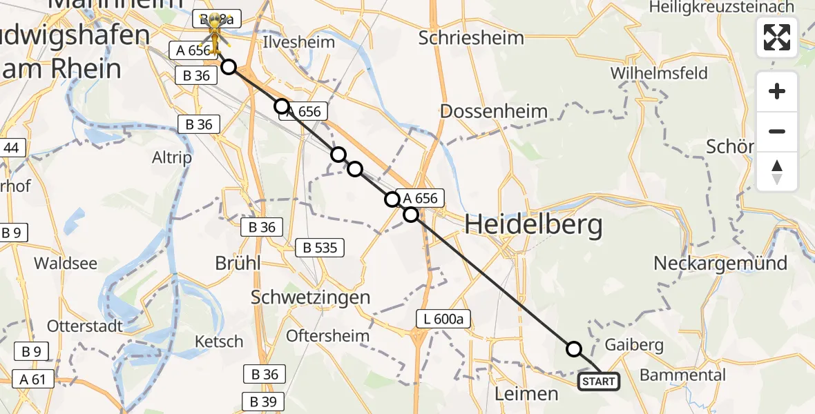 Routekaart van de vlucht: Rettungshubschrauber nach Mannheim-City Airport
