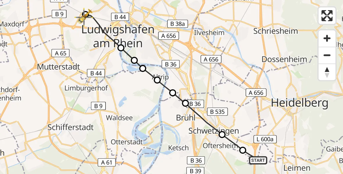 Flugroute Rettungshubschrauber Heidelberg - Ludwigshafen Accident Hospital Heliport, 01 März 2026, 16:41