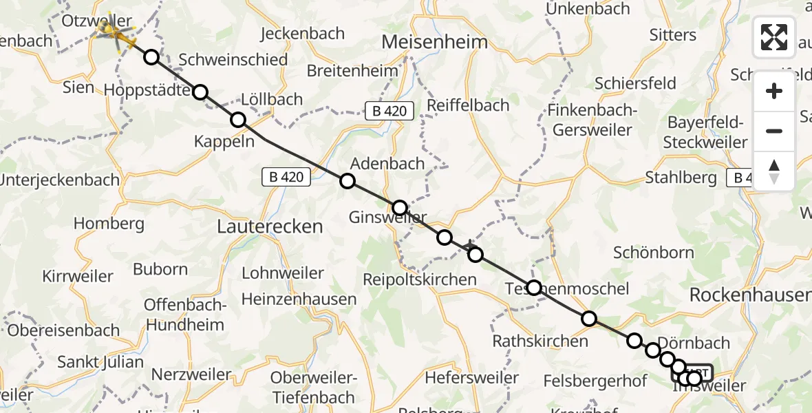 Routekaart van de vlucht: Rettungshubschrauber nach Otzweiler