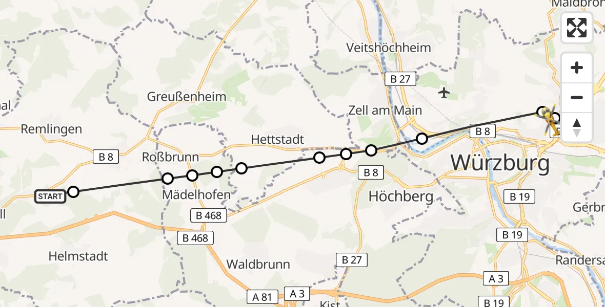 Routekaart van de vlucht: Rettungshubschrauber nach Würzburg University Hospital Rooftop Heliport