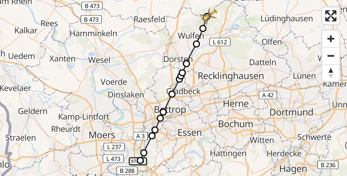 Flugroute Rettungshubschrauber Duisburg Air Rescue Heliport (Christoph 9) - Haltern am See, 01 März 2026, 16:57