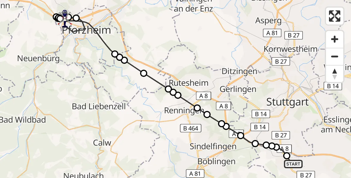 Flugroute Polizeihubschrauber Stuttgart Airport - Pforzheim, 01 März 2026, 17:00